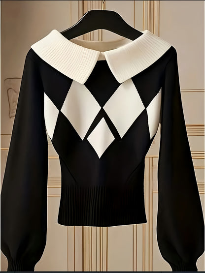 Women'S Elegant Sweater Lapel Diamond Plaid Knitwear Black And White Color Collision Long Sleeve Pullover Fashion Chic Lazy Wind Tops For Office, Party, Daily Wear - Fall And Winter Women'S Trend Tops