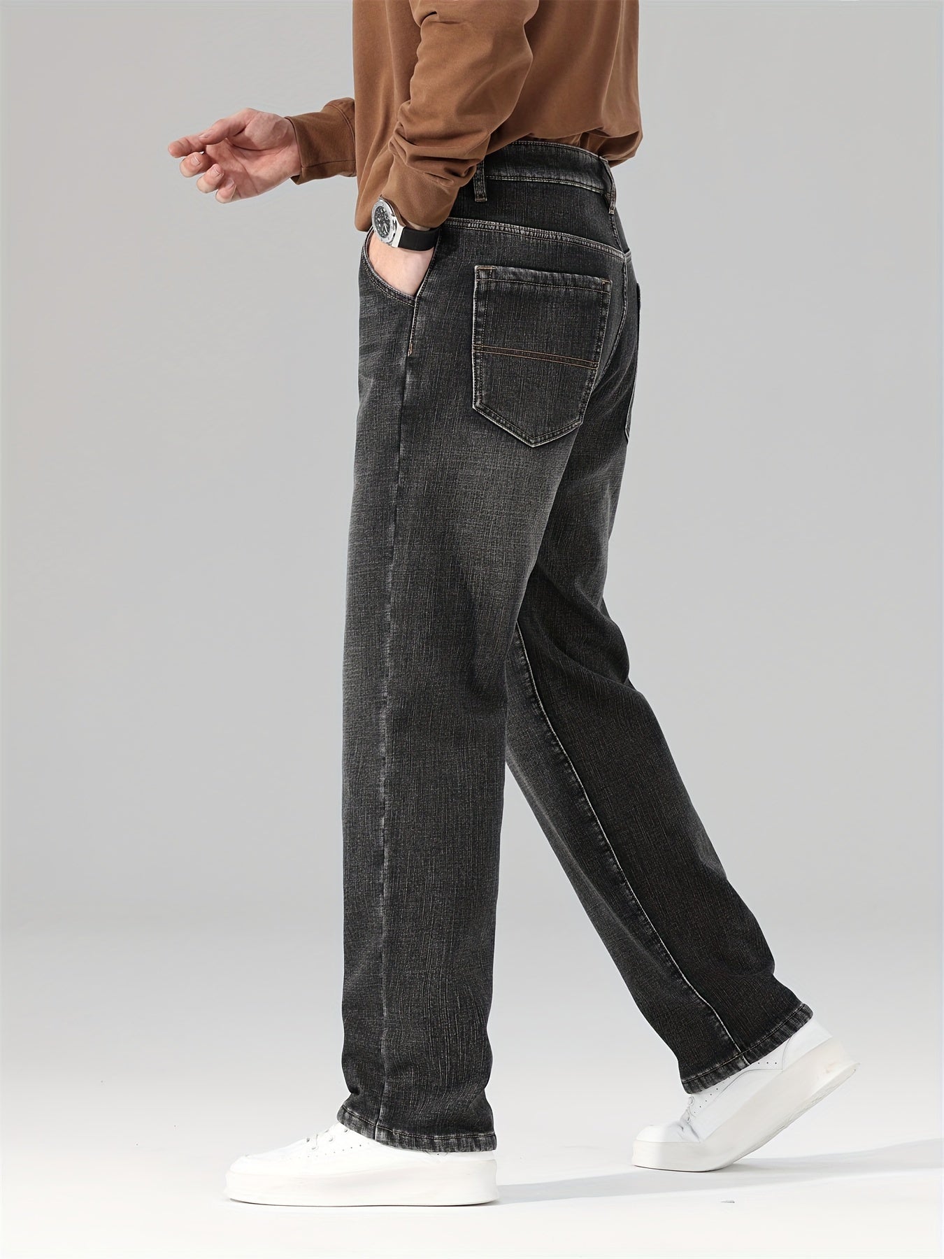 Men's Warm Fleece Stretch Jeans, Loose Casual Fleece Jeans, Straight Mid-waist Fashionable Versatile Jeans, Suitable For Daily, Business, Outdoor