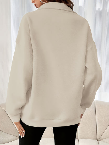 Casual Women's Drop Shoulder Sweatshirt with Half - Zip, Solid Color Sport Pullover