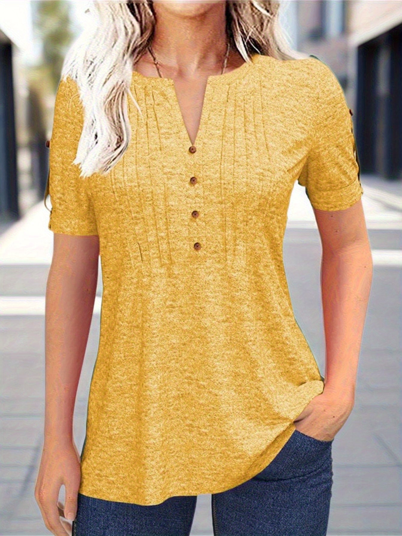 Casual Short-Sleeve Blouse for Women with a Solid Color, Featuring a Pleated Design, Buttoned V-Neck, And a Zipper