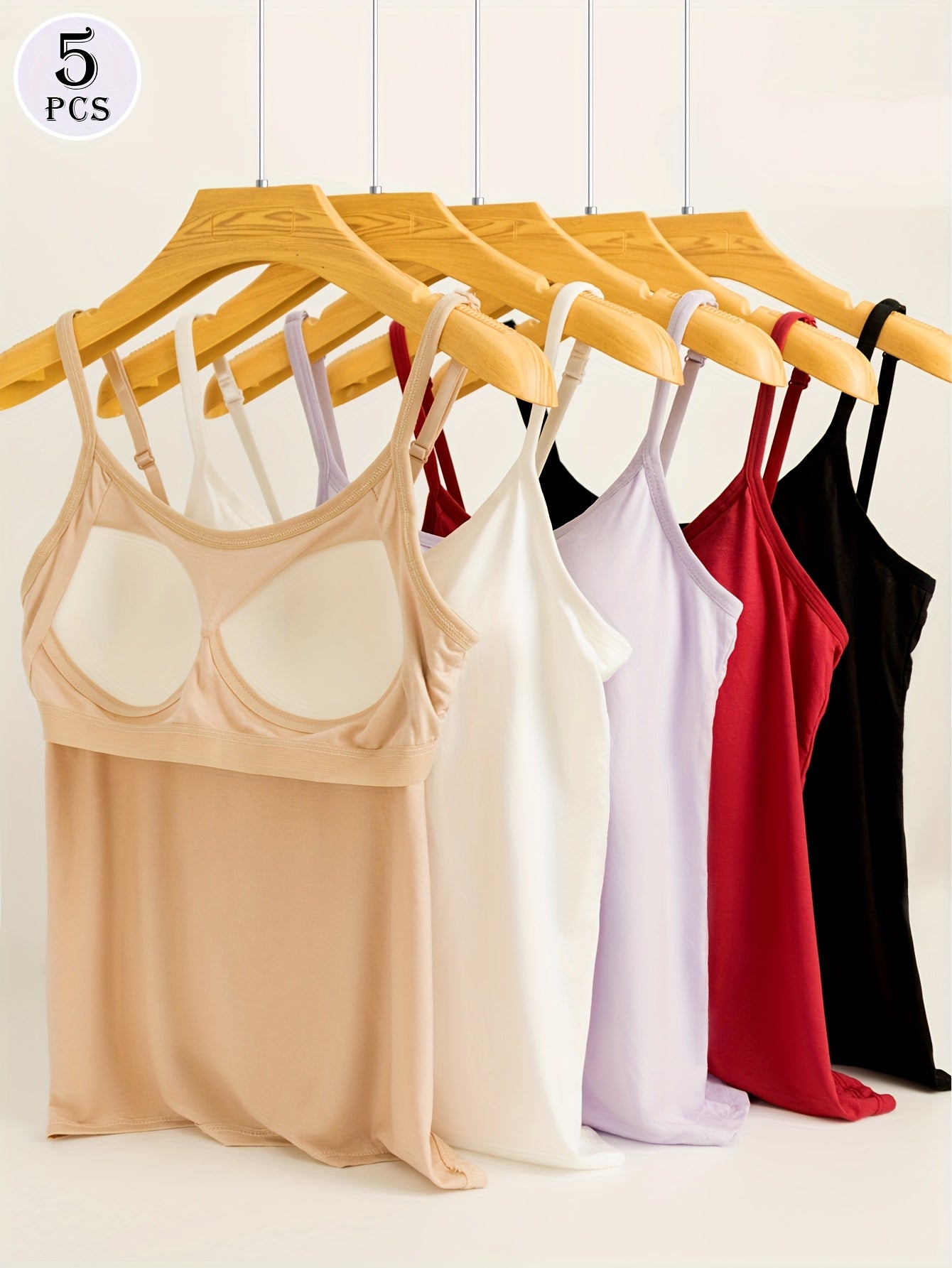 5-Piece Women's Built-in Bra Padded Camisole Tank Tops - Seamless Longline Tops, Soft Stretch Fabric, Solid Colors Pink/White/Gray/Black/Beige, Suitable for Layering and Daily Wear, Versatile Strapless Vest, Smooth Texture Basic Style