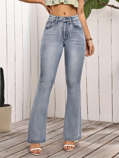 Women's High-Waist Stretch Denim Flare Jeans with Star Embroidery Pockets - Vintage Light Wash Bell Bottoms, Casual Comfort Fit, Machine Washable