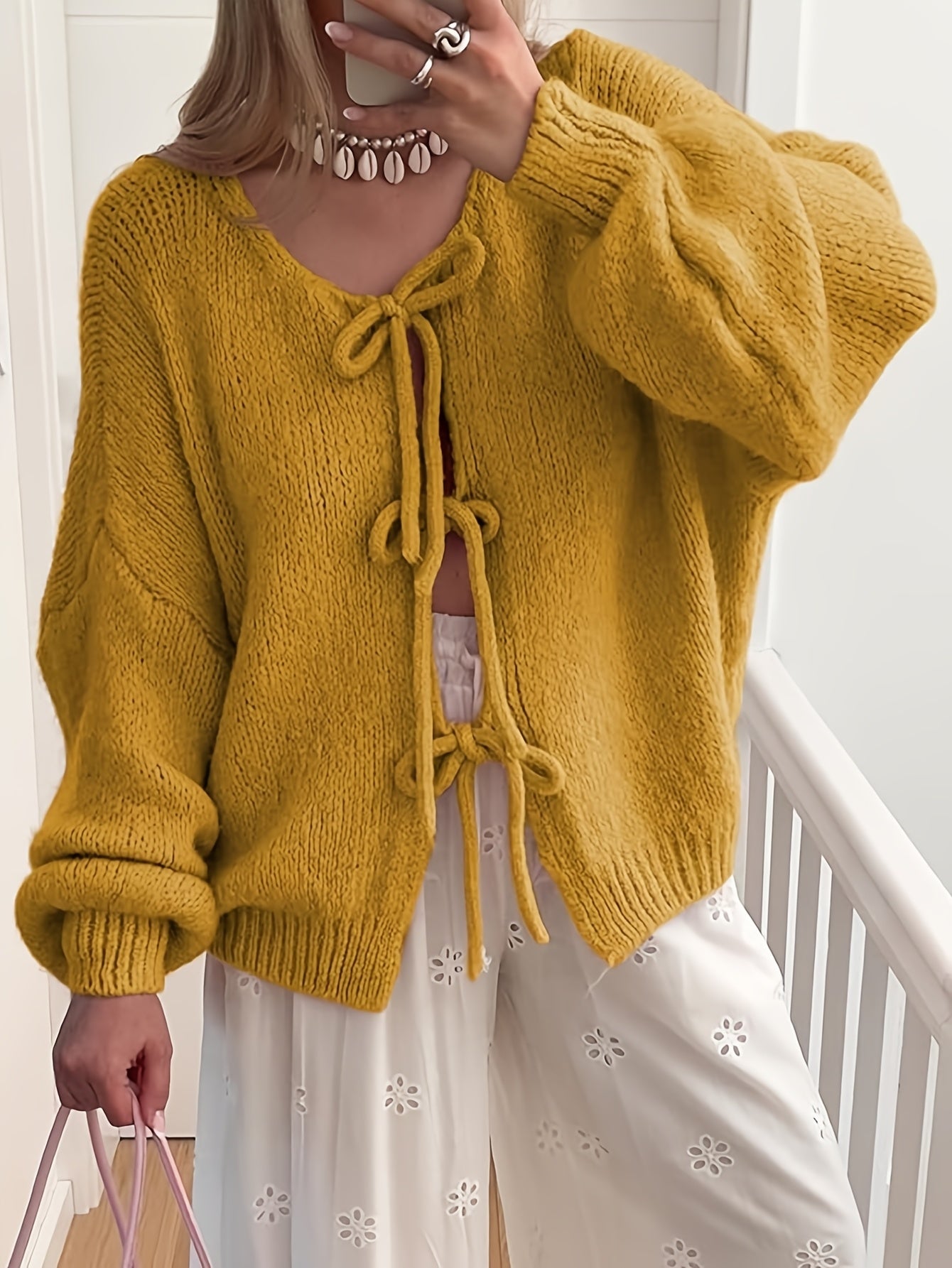Women'S Oversized Bowtie Sweater Cardigan with Y2K Vibe Long Sleeves V Neck Open Front Casual Wear