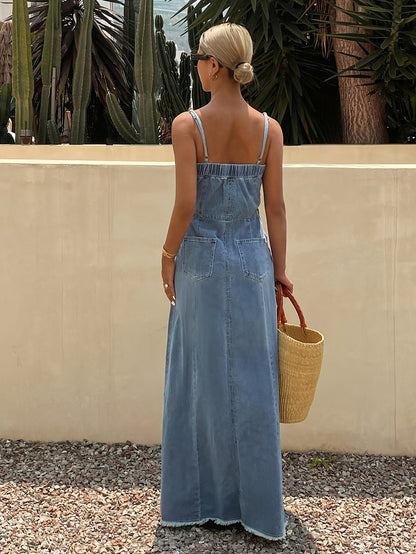 Vintage Washed Denim Maxi Dress for Women Sleeveless Long Jean Dress with Relaxed Non-Stretch Fabric, Casual Boutique Outfit for Spring Fall