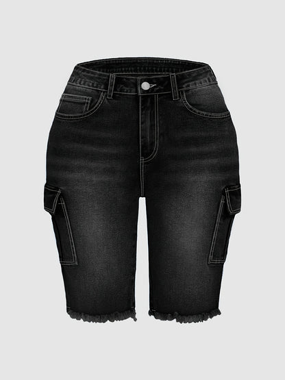 Plus Size Women's Black Denim Knee Length Shorts, High Waist Stretch Slim Fit, Side Flap Pockets, Frayed Hem, Casual Daily Wear, Machine Washable, Spring Summer Wear