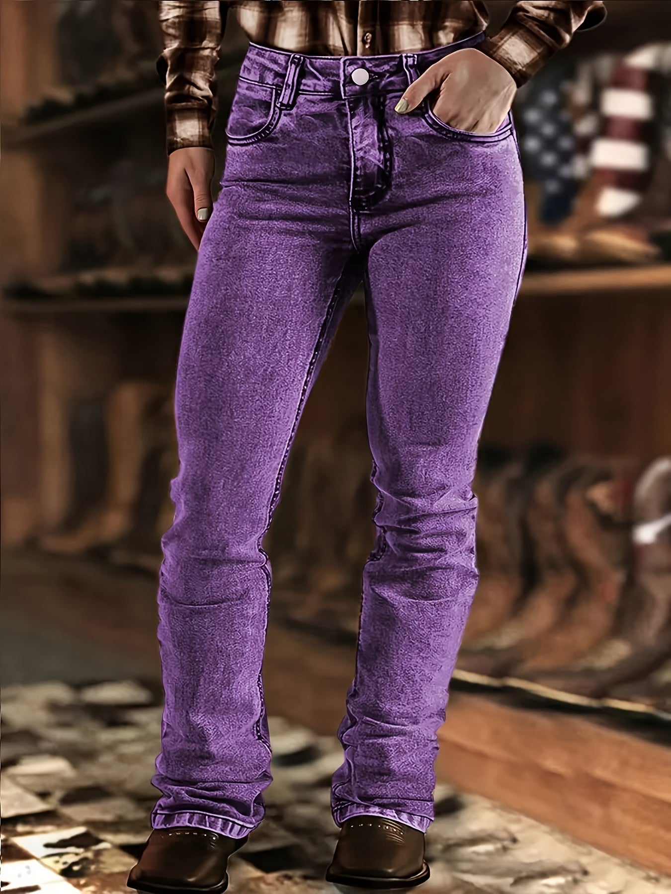 Women's Colored Cow Fashion Stretch Maillard Brown Retro Washed Denim Horseshoe Micro Pull Pants