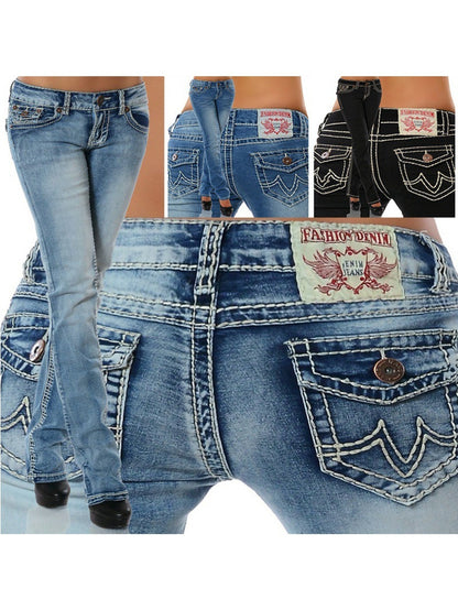 Women'S Western Style Straight Leg Jeans, Embroidered Back Pocket, Vintage Washed Stretch Denim Pants, Casual Everyday Wear