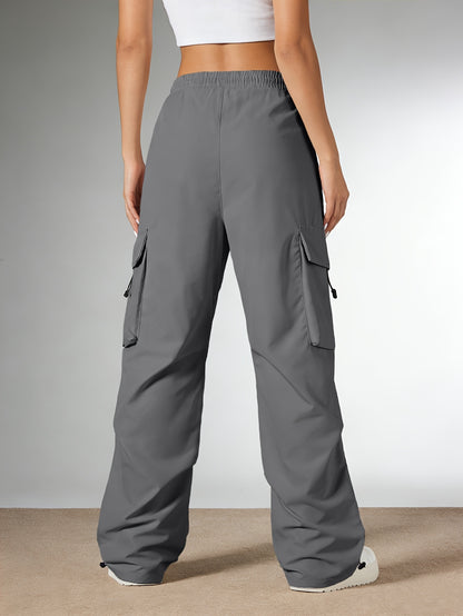 Women'S Casual Cargo Pants, Elastic High Waist Drawstring Loose Wide Leg Trousers, Multi-Pocket Utility Pants, Lightweight Quick Dry, Streetwear Y2K Style, Hiking Outdoor Jogger Pants for Daily/Travel/Workout, Black/Gray/Khaki