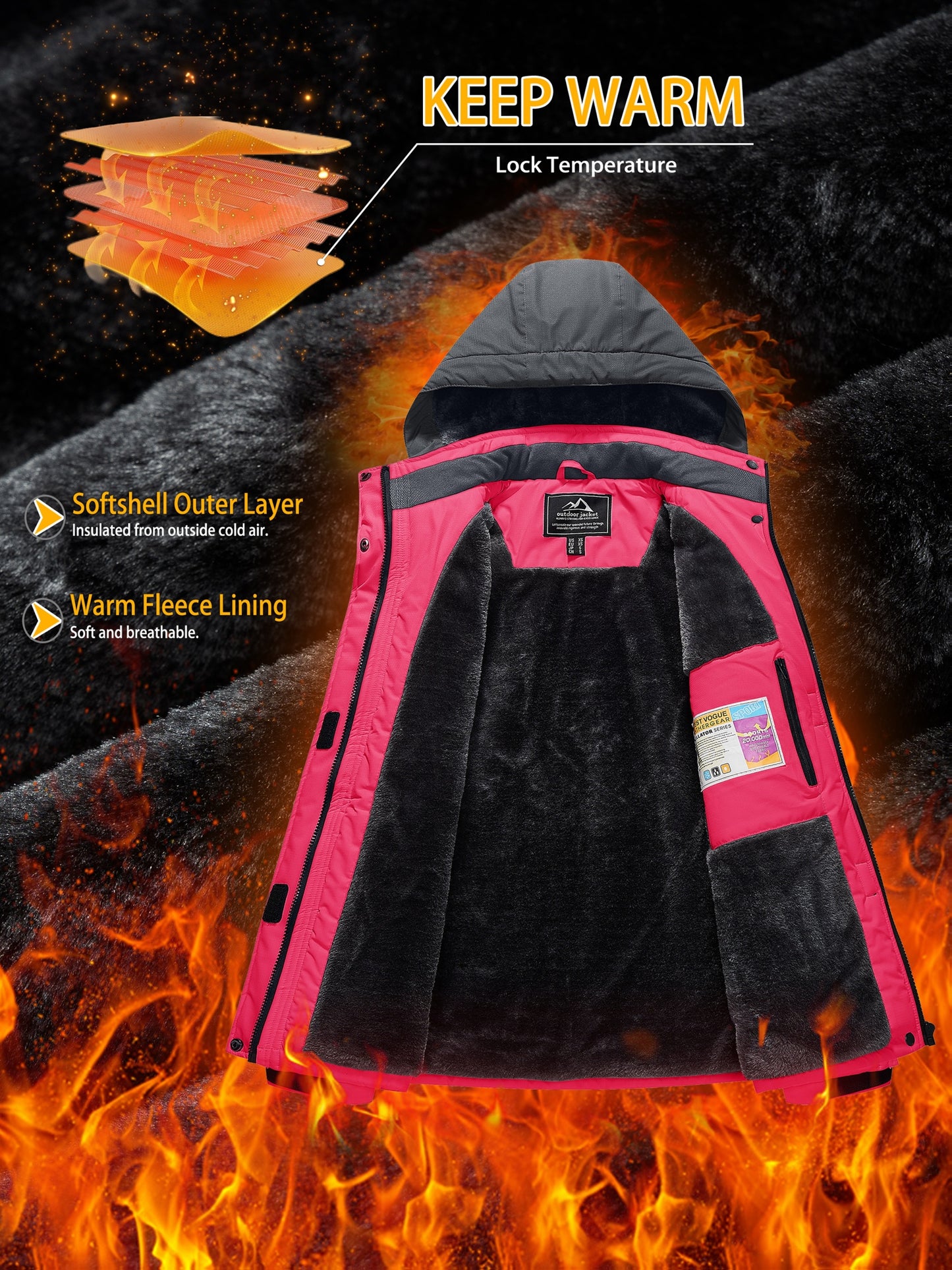 Winter Jacket for Women - Women's Ski Snowboard Jacket Thermal Fleece High Quality Insulated Snow Jacket Casual Work Jacket Outdoor Sports Coat Windbreaker Parka 4 Pockets Camping Snow Jacket Windproof Hood Warm Winter Hiking Fleece Lined Jacket