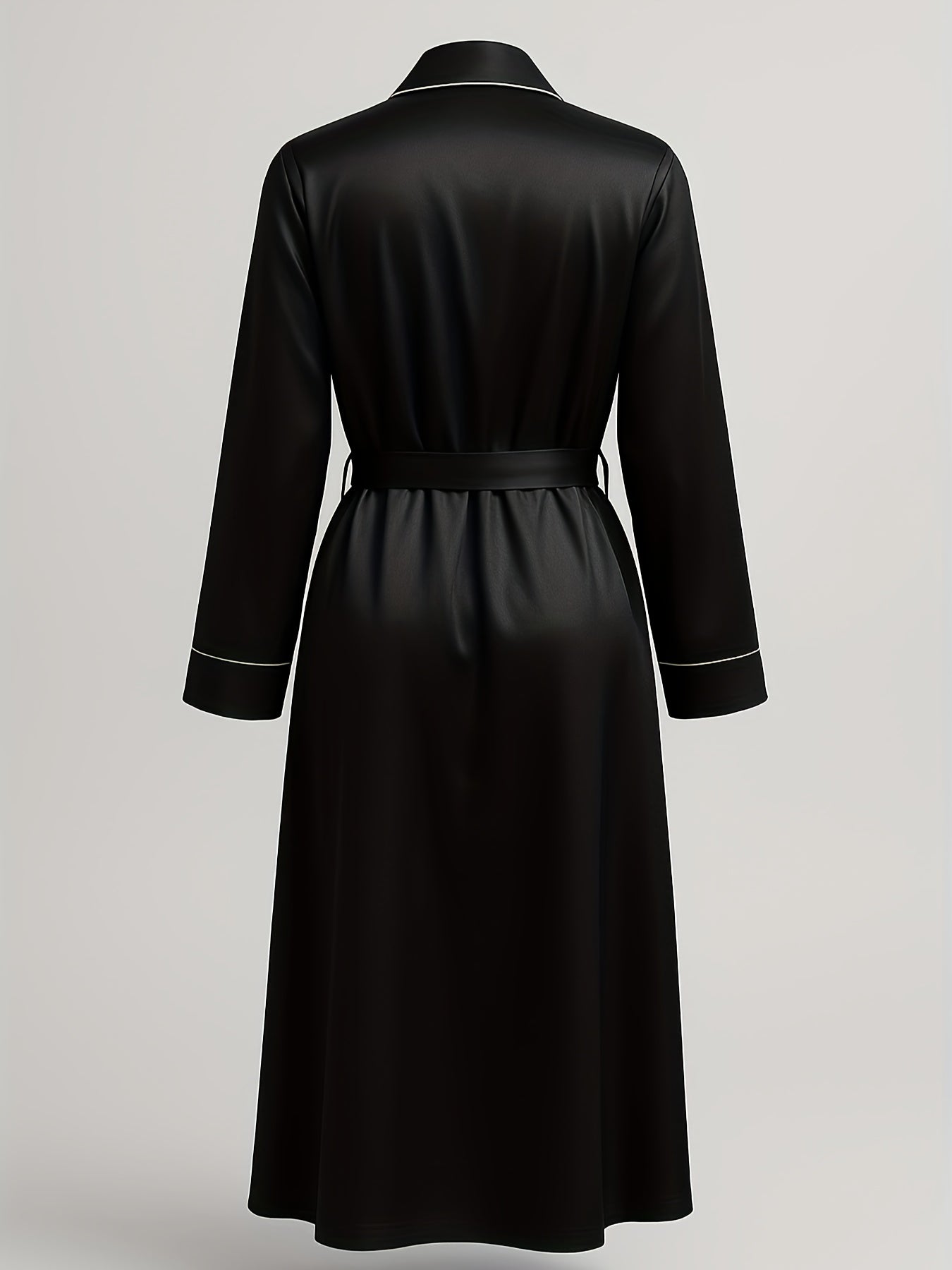 Elegant Black Nightgown with Long Sleeves And a V-Tie Belt Design, Featuring a Luxurious Satin End, Perfect for Women to Wear As Outerwear
