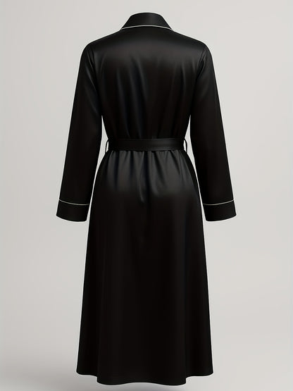 Elegant Black Nightgown with Long Sleeves And a V-Tie Belt Design, Featuring a Luxurious Satin End, Perfect for Women to Wear As Outerwear