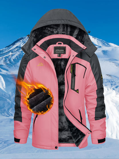 Women'S Warm Ski Jackets Winter Windproof Thermal Fleece Lined Coats Outdoor Detachable Hooded Heavy Weight Thick Jacket Camping Climbing Traveling Snowboard Windbreaker