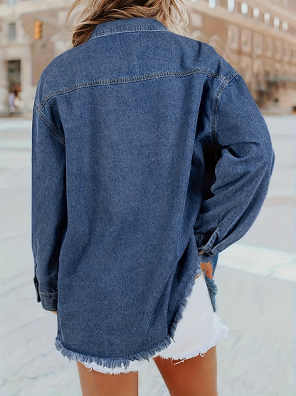 Casual Long-Sleeve Oversized Denim Jacket for Women, Distressed Jean Shirt for Fall Outfits in 2025