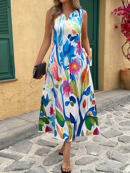 Casual And Fashionable Floral Print Round Neck Dress, Casual Sleeveless Dress with Pockets, Suitable for Casual Vacation Spring And Summer Women's Clothing