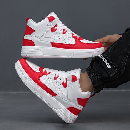 Men's High-Top Lace-Up Sneakers - Durable, Lightweight, Fashionable Casual Sports Shoes, White, PU Upper, MD Sole, EVA/Fabric Insole, Round Toe, Ideal for Hiking, Running & Leisure, Cross Sports Shoes | Lace-Up Closure | Stylish Stitchin