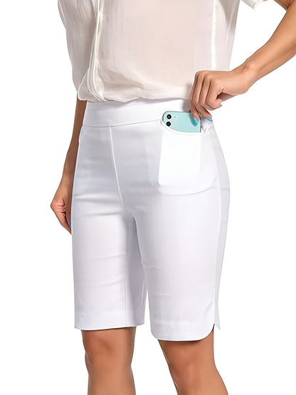 Women's Tulip Hem Pull On Work Shorts, Super Stretchy, Casual Dress Style with Front Pockets
