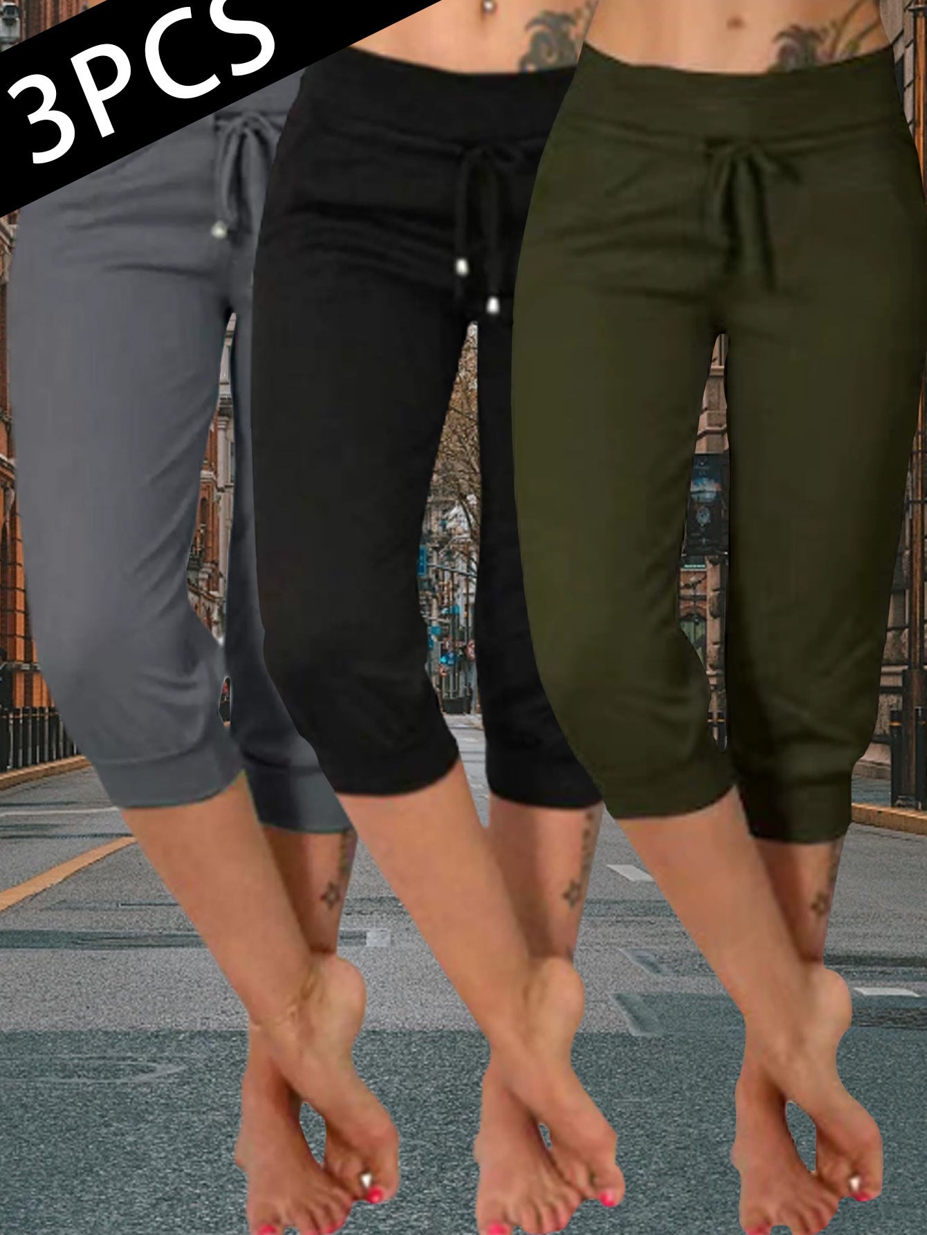 FOEIERAA 3-Pack Ladies' Slim Fit Joggers - High-Waisted, 7/ 8 Length With Drawstring Pockets - Great For Fitness, Errands & Loungewear