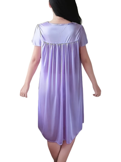 2pcs Sexy Loose Short Sleeve Nightgowns with Lace Trim, V-Neck, Semi-Sheer Polyester - Machine Washable, Spring/ Summer