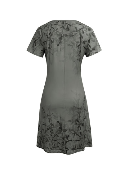 New Fashionable Retro Style Plant Printed Casual Short Sleeved Dress
