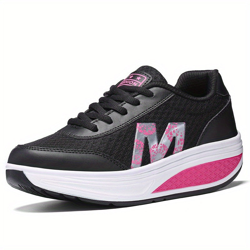 Women's Rocking Sole Sneakers with Sparkling Accent - Low-Top Breathable Mesh & Upper, Cushioned Sole Suitable for Walking, Gym, Commuting, Round Toe Traction for - Casual Athletic (Hand Washable), Women Shoes
