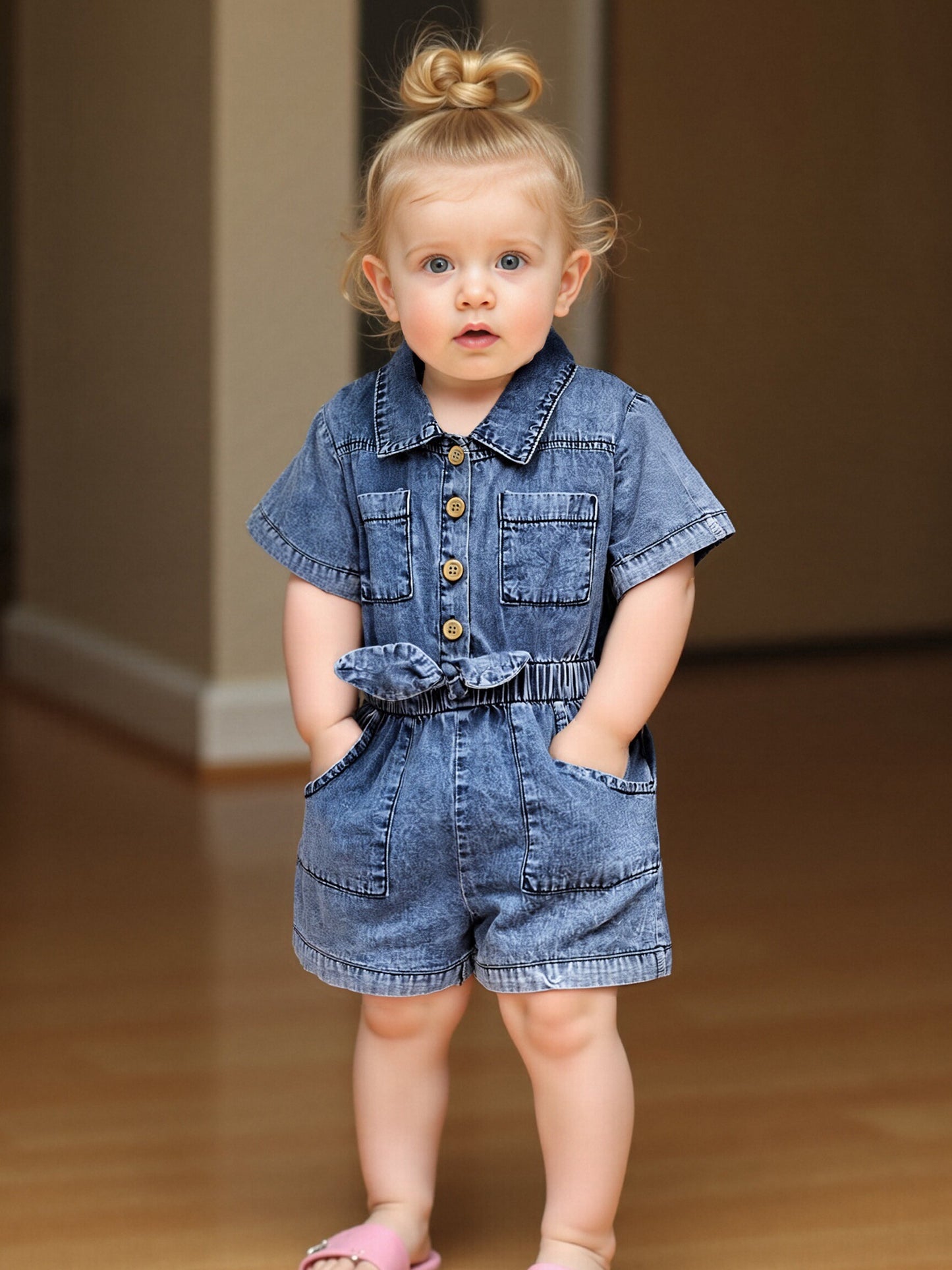 Denim Overalls for Baby Girls Featuring Short Sleeves, a Turn- Collar, Button Closure, And an Elastic Waistband
