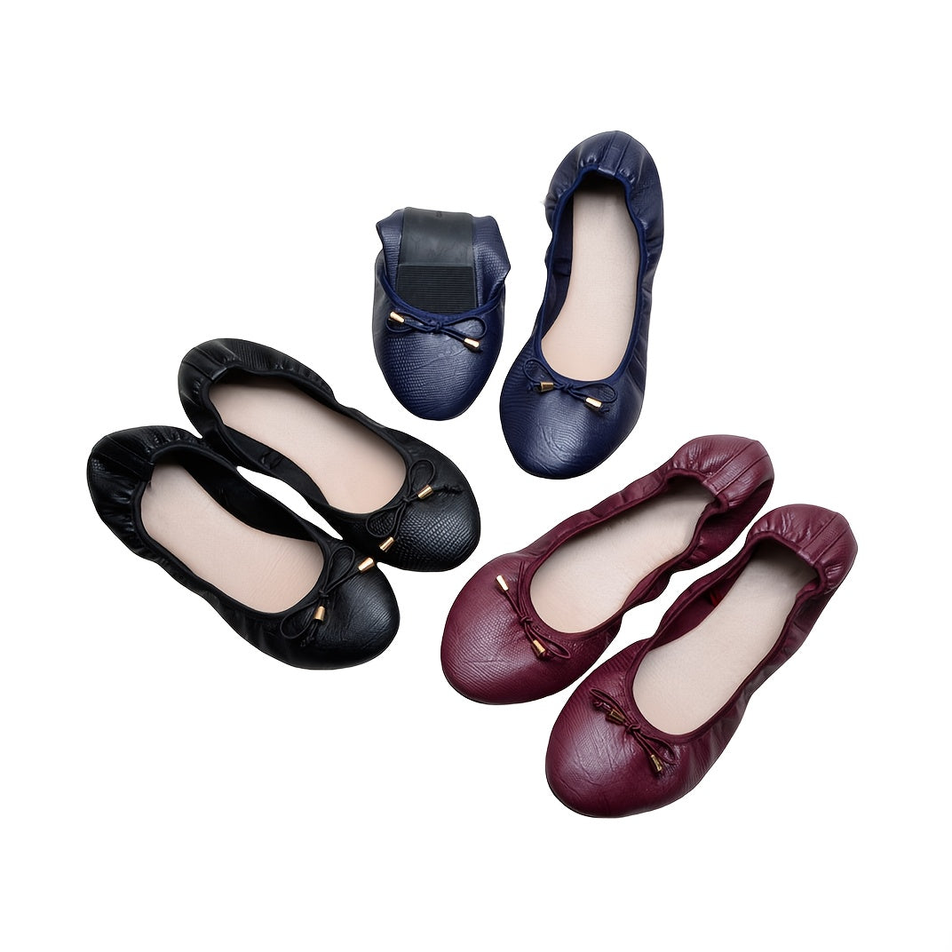 Women's Round Toe Ballet Flats with Bow Detail - Lightweight Breathable Faux Cover, Soft Foldable TPR Sole, Elastic Opening for Easy Slip-On, Casual & Formal Wear (Navy, Burgundy, Black), Ballet Shoes