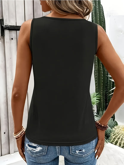Women's Sexy Ring Detail Tank Top, 100% Polyester Fabric, Crew Neck Sleeveless Solid Color Tee for All Seasons, Allseason Apparel|Stylish Crisscross Top|Glossy Texture