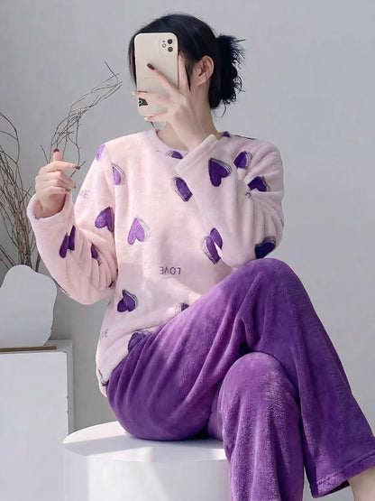 Autumn/Winter New Arrival Long Sleeve Long Pants Two-Piece Lounge Wear Light Purple with Purple Heart Design Warm And Comfortable Suitable for Sleeping, Machine Washable Sleepwear Set