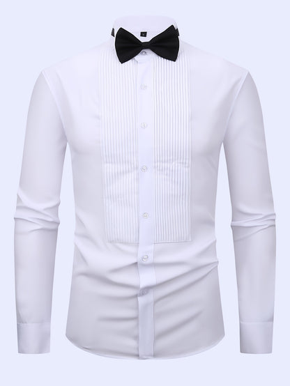 2026 New Men's French-Style Dress Shirt, Shirt Only Without Gift Box, Includes A Bow Tie, Elegant Pleated Front Dress Shirt/top, Suitable for Work, Office, Weddings, Formal Stand-up Collar Shirt, A Gift for Him for Christmas Or Valentine's Day