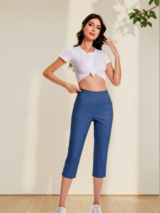 Women's Pull On Straight Leg Capri Pants Stretch Comfort Fit with Eyelet Detail And Two Pockets