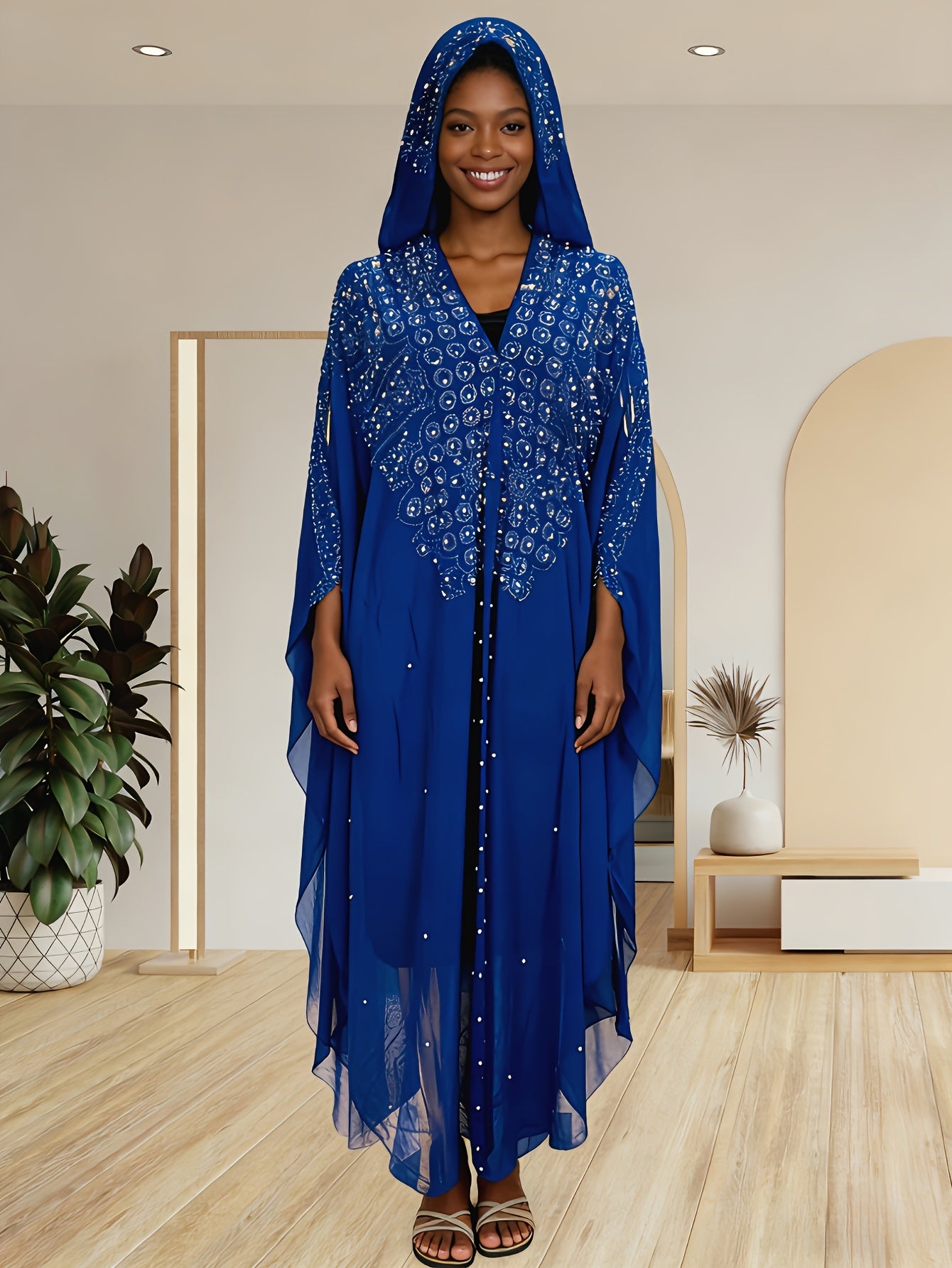 Chic Shawl Adorned with Sequins And Rhinestones for Spring - Features a Relaxed Fit, Long Sleeves, Tassel Details, And Golden Accents, Ideal for Fashion in The Middle East And Southeast Asia, a Dazzling Outfit