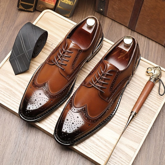 Men'S Vintage Wingtip Oxfords - Handcrafted Genuine Faux Leather Dress Shoes for Business & Casual, Brown Brogue Derby Shoes with Smooth End & Comfortable Lining, Vintage Shoes