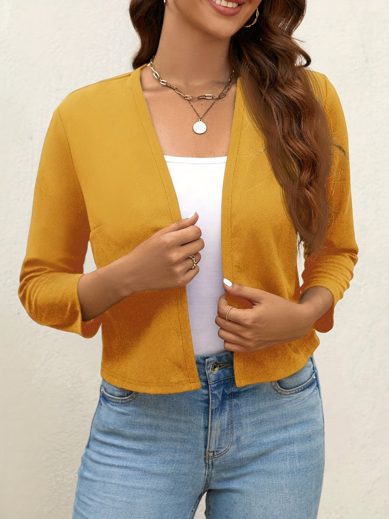 Solid Color Open Front Jacket, Casual Long Sleeve Jacket for Fall & Winter, Women'S Clothing