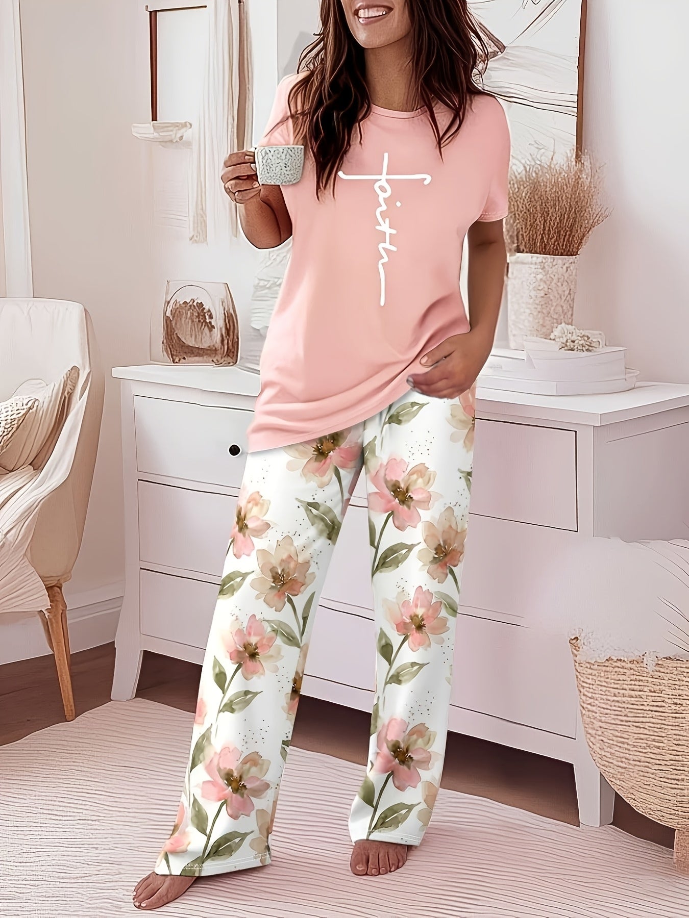 Round Neck Cross Printed Top Short-Sleeved Gradient Wide-Leg Pants Casual Loose Two-Piece Set