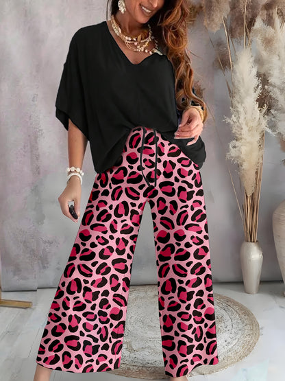 Plus Size, Plus Size Outfit 2pcs Set, Solid V-Neck Top& Leopard Print Wide Leg Pants, Casual Loungewear Set for Women, Comfortable Wear, Animal Print Design, Versatile Matching Set