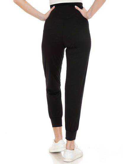 2pcs Women's Maternity High-Waisted Stretchy Pants - 95% Rayon 5% Spandex Tummy Control Elastic Waistband, 7/8 Length with Pockets for Running, Lounge & Postpartum - All-Season Comfort (Black & Grey), Maternity Pants, Pregnancy Clothing, Solid Color Pants