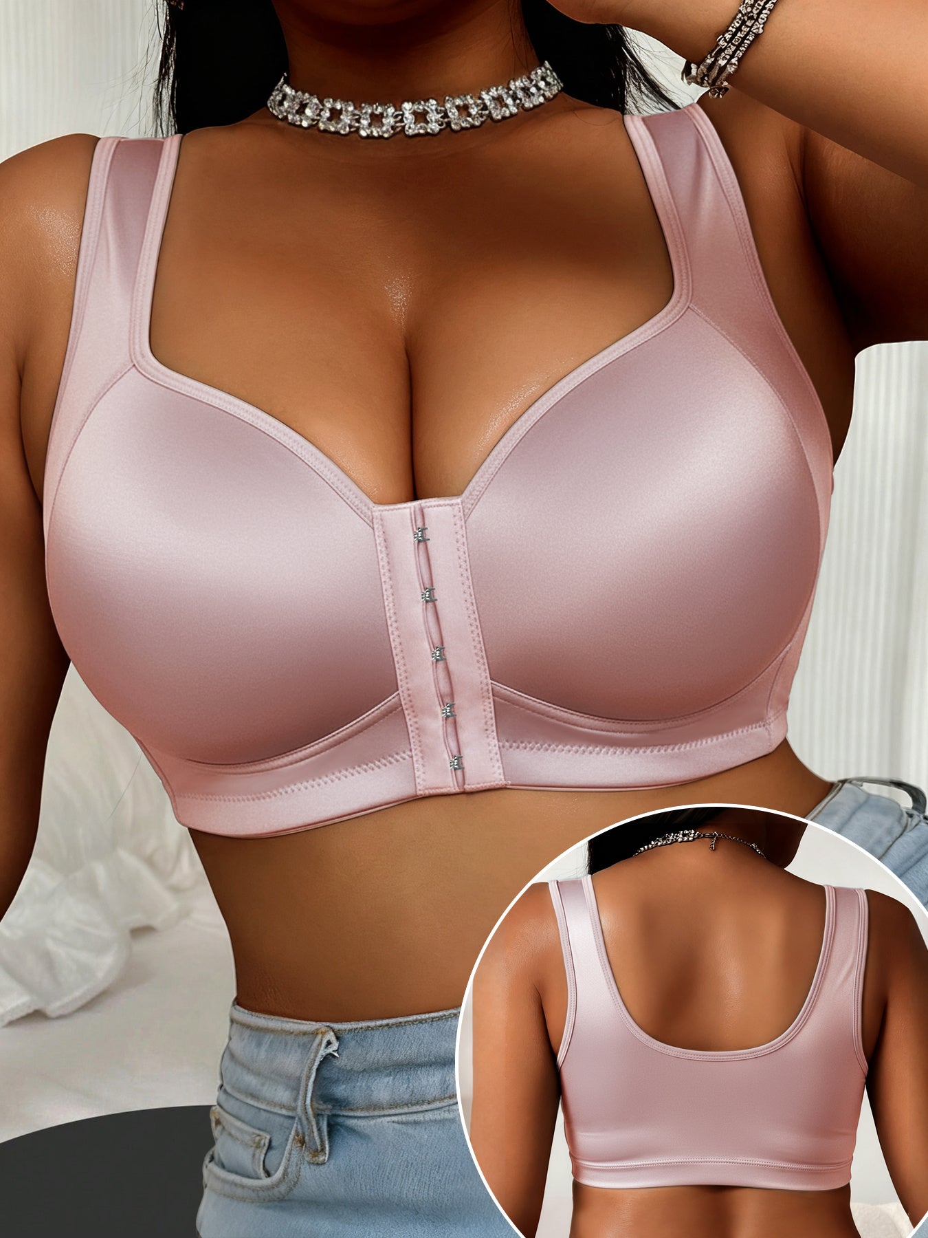 1-piece Set Of Women's Plus Size Bra Without Steel Ring, Satin Fabric, Smooth Fabric, Front Buckle Design With Strong Support, Suitable For Daily Wear And Formal Occasions - Comfortable Underwear, High Elasticity Material, High Support Enhancement