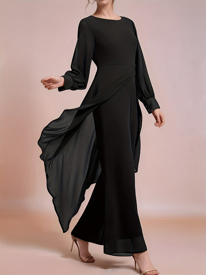 Ladies' Elegant Two-piece Set, Fashionable Chiffon Top with Flowing Sleeves, Wide-leg Pants, And Stylish Accessories - A Must-have Party Dress Pants Set for All Seasons.