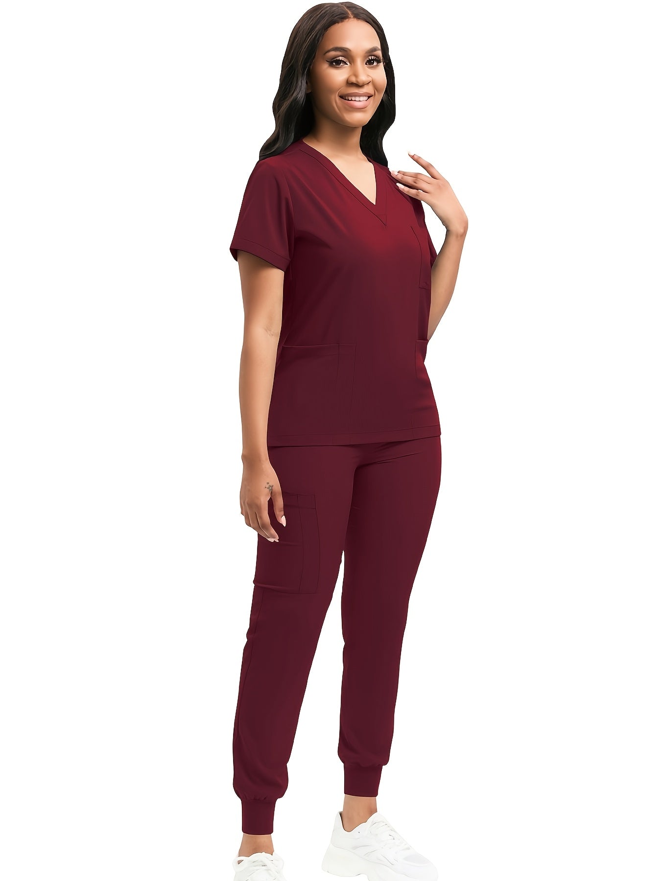 [Scrub Suit Set] Scrub Suit Set For Women Modern V-Neck Top T-Shirt & Tapered Leg Jogger Pants With Drawstring 2pcs Set Nursing Uniforms Set Suitable For Pet Hospitals, Dental Clinics, Nursing Work, Etc