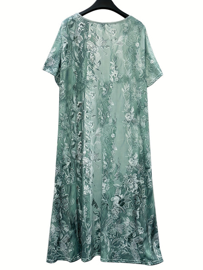 Plus Size Short Sleeve Midi Dress with Lace Neck And Flower Print