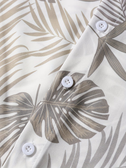 Men'S Short Sleeve Button-Up Shirt And Shorts Set with Leaf Design, Ideal for Summer Outdoor Fun