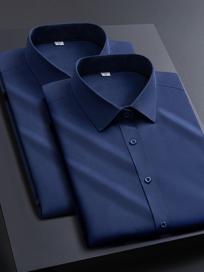 2pcs Men's Long Sleeve Dress Shirts - Elegant White, Stretchy Fabric, Business Casual, Unwrinkled, Single-Breasted with Lapel Collar, All-Season Wear, Casual Attire|Elegant Lapel Shirt|Stretchy Fabric
