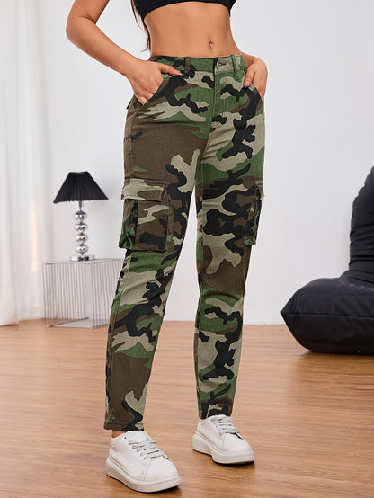 Women'S Camo Cargo Jeans with Pockets - Casual High Stretch Denim Pants, All-Season Comfort, Camouflage Pattern, Fabric
