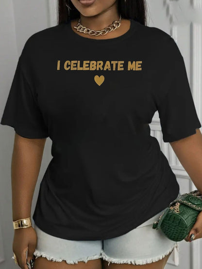 Plus Size - Fun I CELEBRATE ME, Heart Printed Women'S Plus Size T-Shirt, Cute Casual Outdoor Spring Summer Style, Holiday Party Wear, Loose Fit for Comfort, Women'S Printed Short Sleeve Plus Size T-Shirt Top