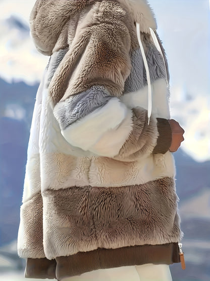 Women's Comfortable Plush Faux Hooded Jacket - Fall/Winter Warm Coat, Zipper Closure, Color Block Design, Soft Breathable Lining, Elegant | Plush Polyester, Local Warehouse, 2026 New Arrival
