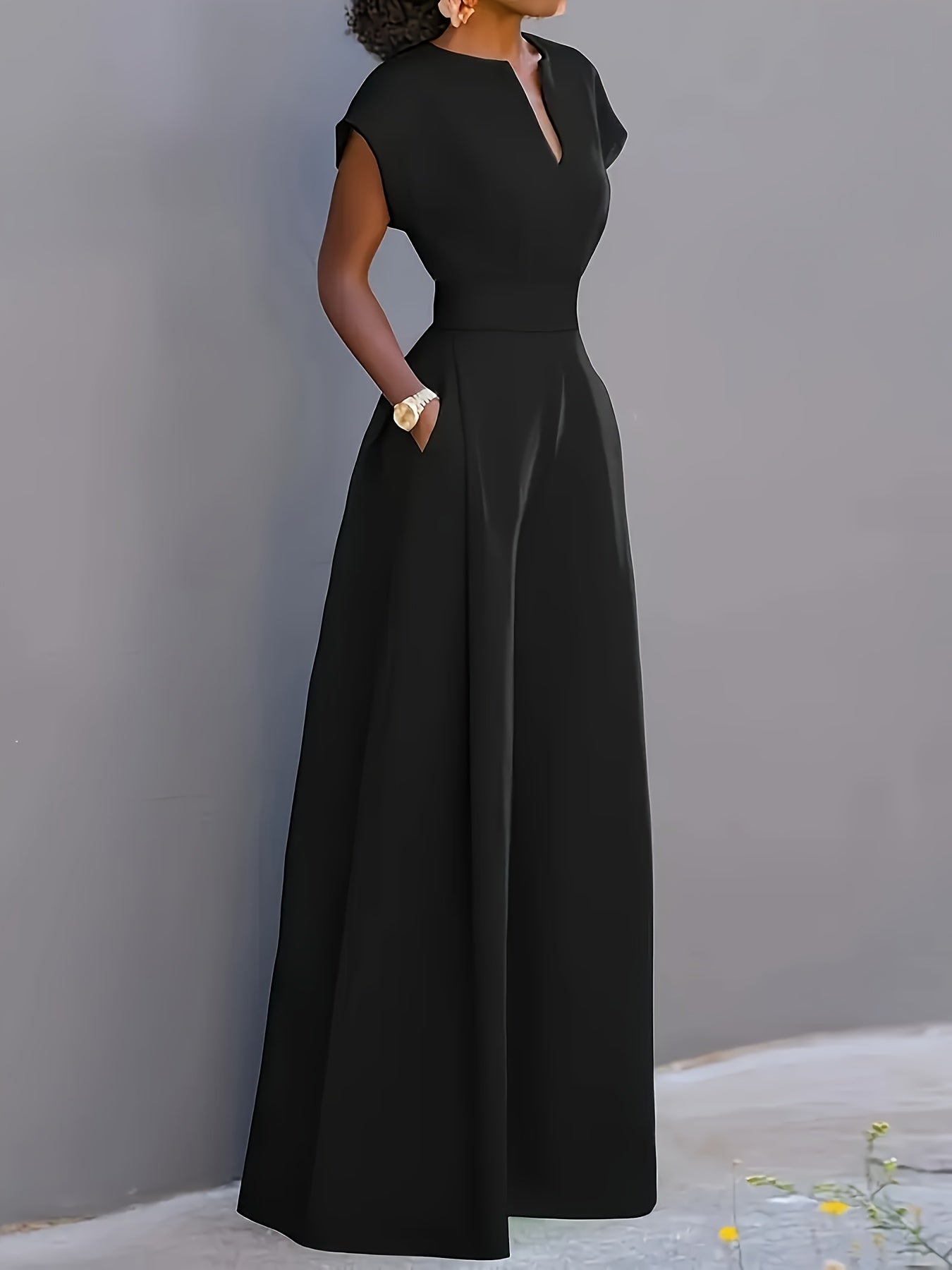 Women'S One-Piece Home Clothes, Solid Color Short-Sleeved V-Neck Wide-Leg Jumpsuit, Women'S Elegant Waist Pants, High-End Fashion Slim-Fitting Wide-Leg Pants with Pockets