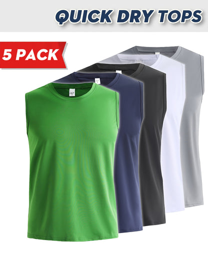 5pcs Men's Quick-Dry Sleeveless Athletic Vests - Breathable Moisture-Wicking Shirts, Solid Color Round Neck Gym Wear Suitable for Sports, Fitness, Outdoor Activities, Spring & Summer, Machine Washable Sleeveless