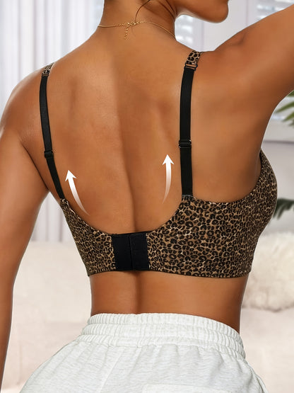 Women's Seamless Jelly Gel Sexy Leopard Print V-Neck Bra- No Underwire, Non-removable Pads, Adjustable Straps, Invisible Clasp, Breathable and Comfortable, Women's Push-up Bra, Women's Leopard Print Bra