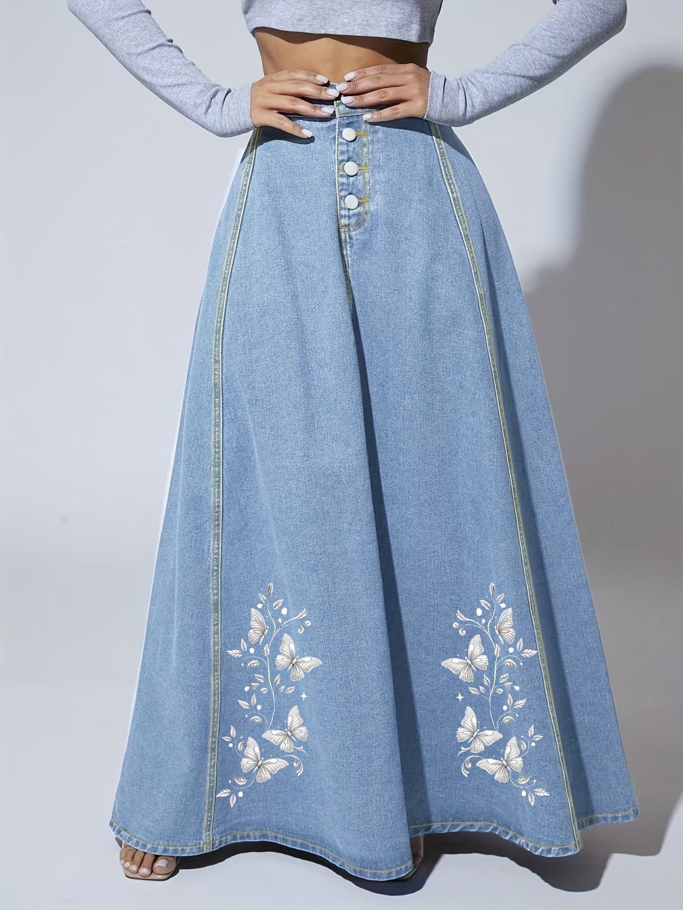 Women's Light Blue Denim Floral Skirt - product view 7