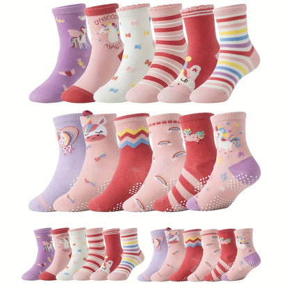 12 Pairs Of Youngsters Girls Youngsters Grips Socks Youngsters Non Slip/Anti Skid Unicorn Striped Crew Cotton Gift Socks